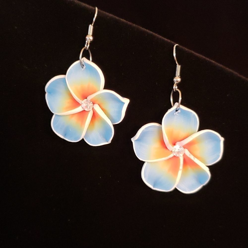 Beautiful Blue Orange Tropical Flower Blossom Earrings - Picture 1 of 3